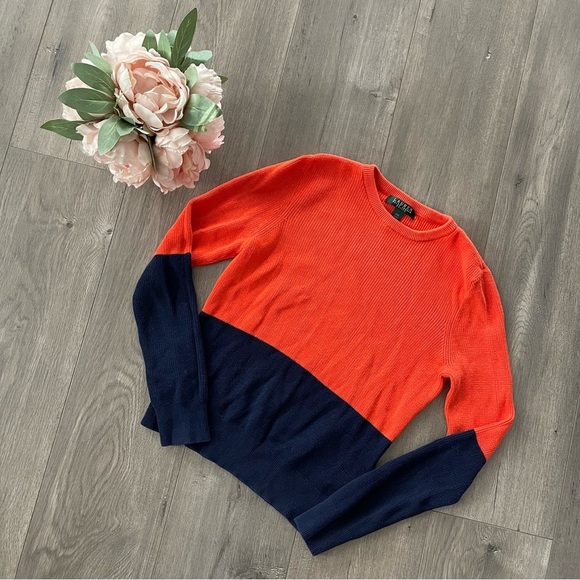 Ralph Lauren Orange & Navy Color Block Rib Knit Sweater - Picture 2 of 4